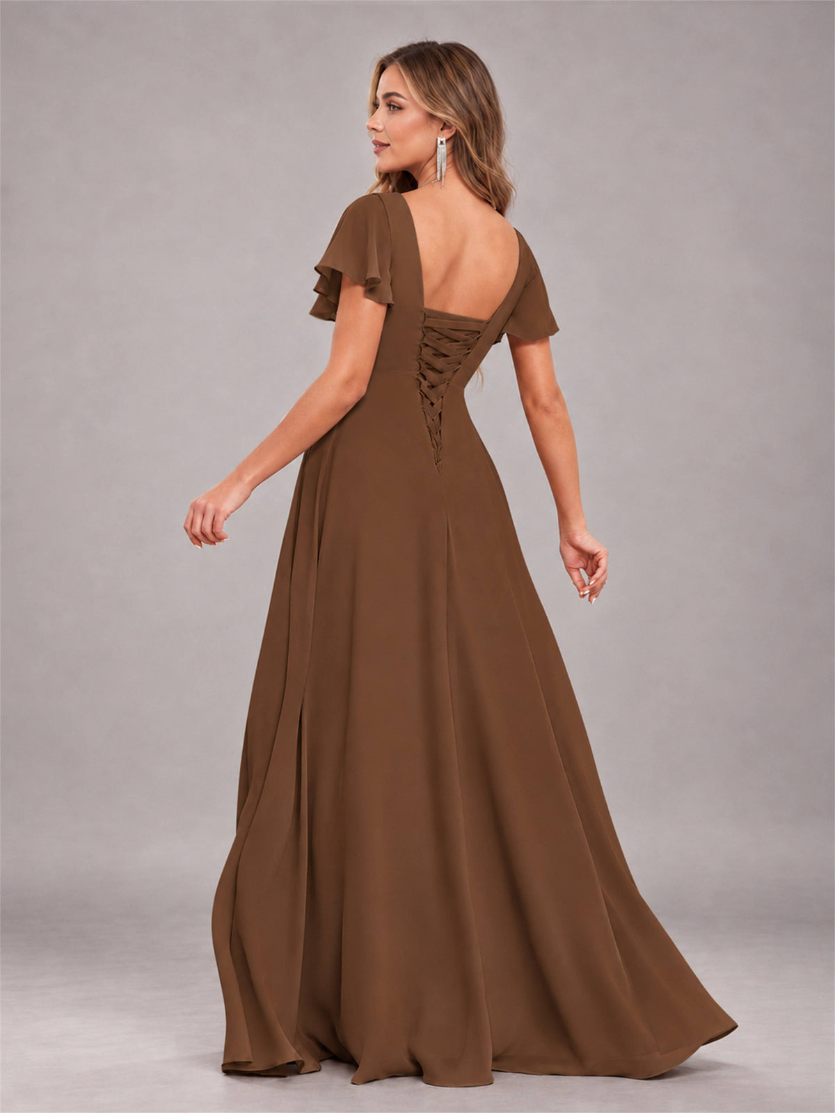 Brown Stylish Ruffles A-Line V-Neck Slit Chiffon Bridesmaid Dress