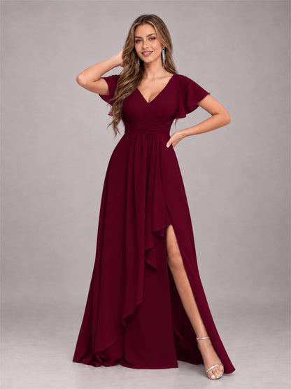 Burgundy Stylish Ruffles A-Line V-Neck Slit Chiffon Bridesmaid Dress