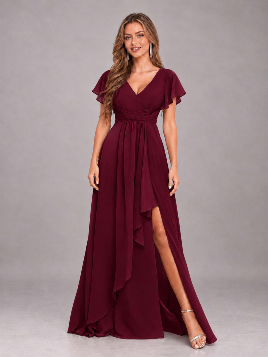 Burgundy Stylish Ruffles A-Line V-Neck Slit Chiffon Bridesmaid Dress