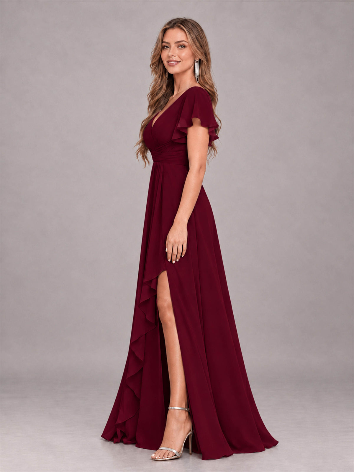 Burgundy Stylish Ruffles A-Line V-Neck Slit Chiffon Bridesmaid Dress