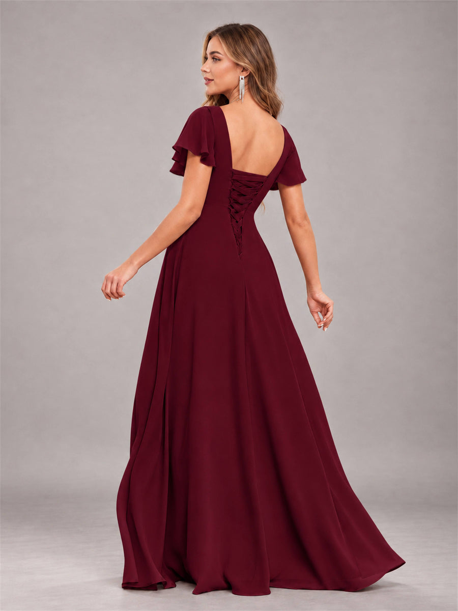 Burgundy Stylish Ruffles A-Line V-Neck Slit Chiffon Bridesmaid Dress