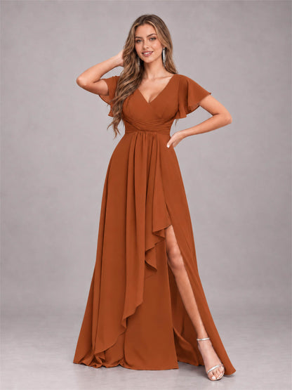 Burnt Orange Stylish Ruffles A-Line V-Neck Slit Chiffon Bridesmaid Dress