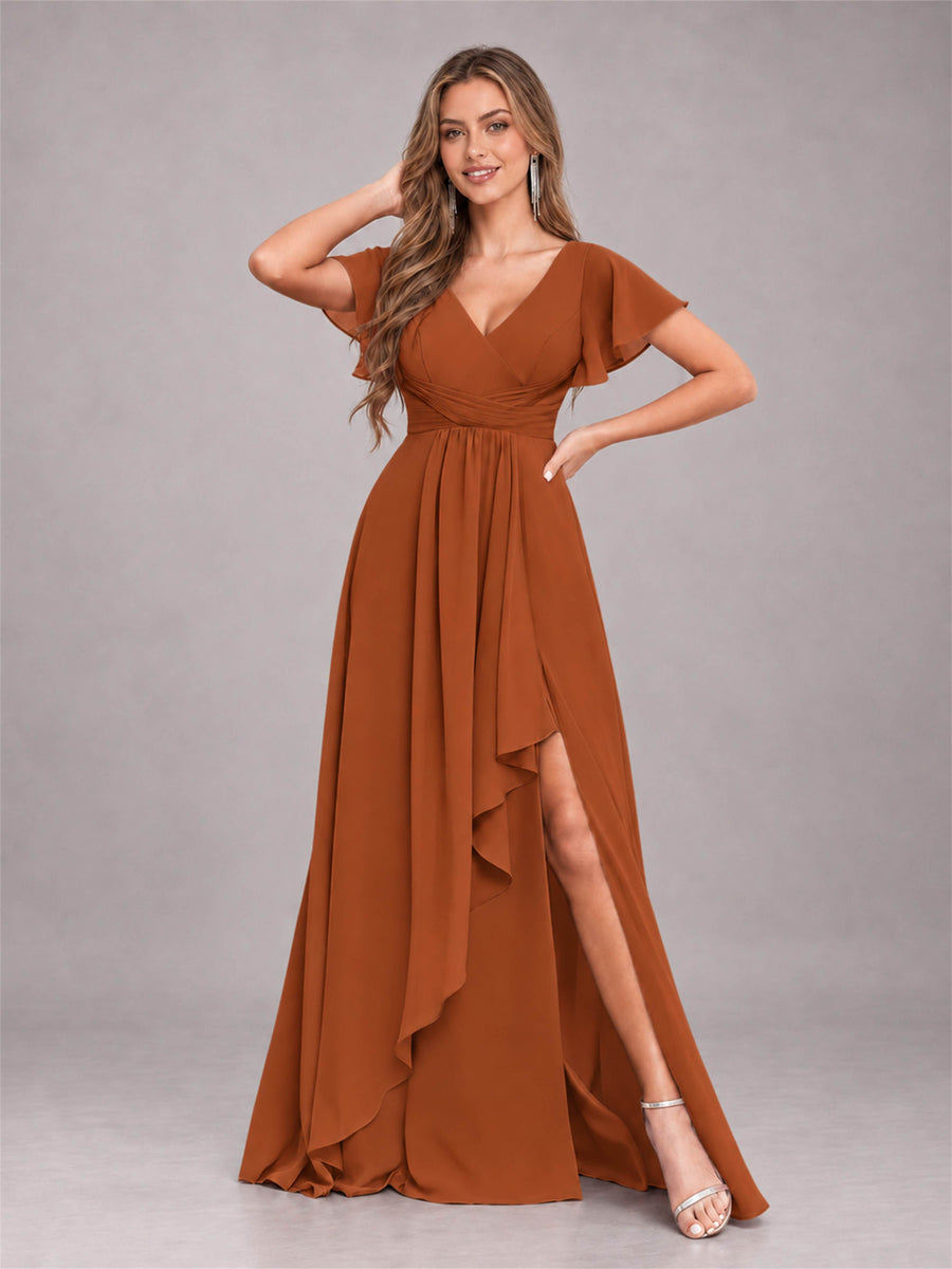 Burnt Orange Stylish Ruffles A-Line V-Neck Slit Chiffon Bridesmaid Dress