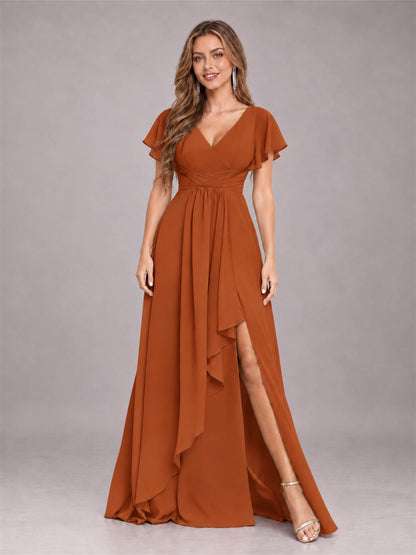 Burnt Orange Stylish Ruffles A-Line V-Neck Slit Chiffon Bridesmaid Dress