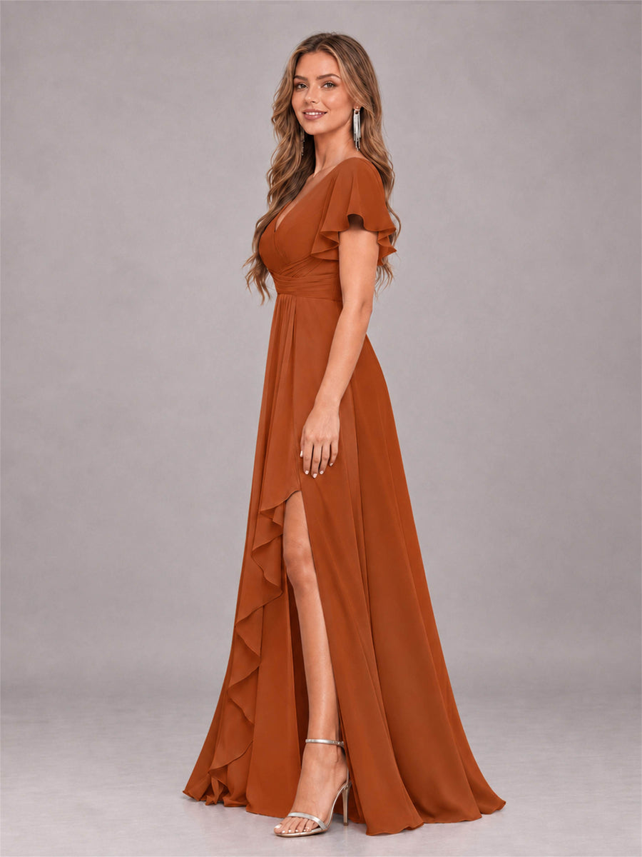 Burnt Orange Stylish Ruffles A-Line V-Neck Slit Chiffon Bridesmaid Dress