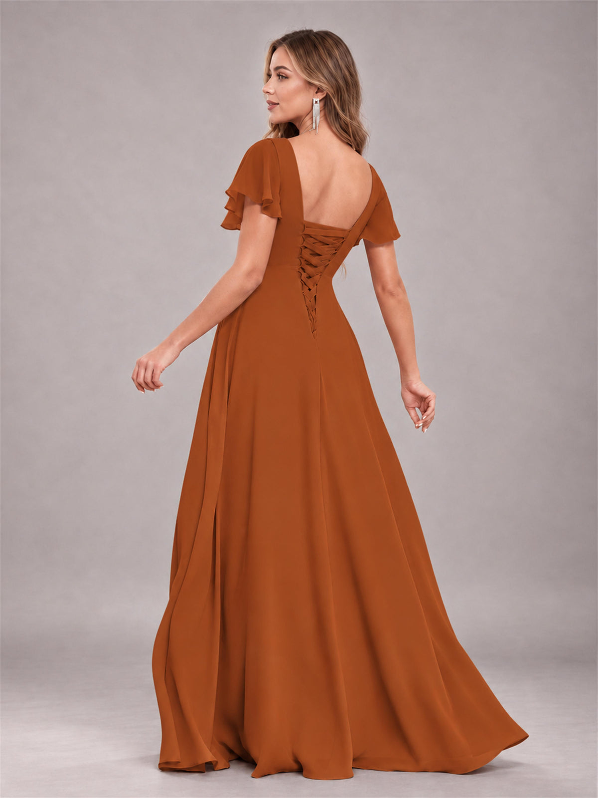Burnt Orange Stylish Ruffles A-Line V-Neck Slit Chiffon Bridesmaid Dress