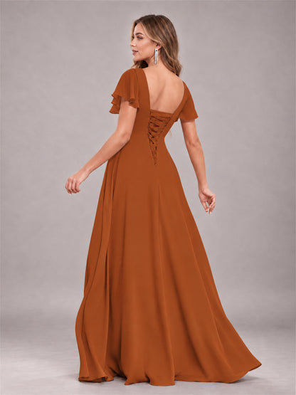 Burnt Orange Stylish Ruffles A-Line V-Neck Slit Chiffon Bridesmaid Dress