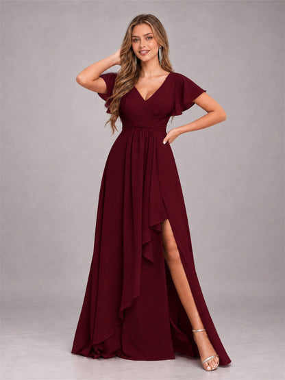 Cabernet Stylish Ruffles A-Line V-Neck Slit Chiffon Bridesmaid Dress
