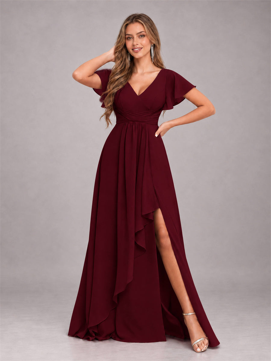 Cabernet Stylish Ruffles A-Line V-Neck Slit Chiffon Bridesmaid Dress