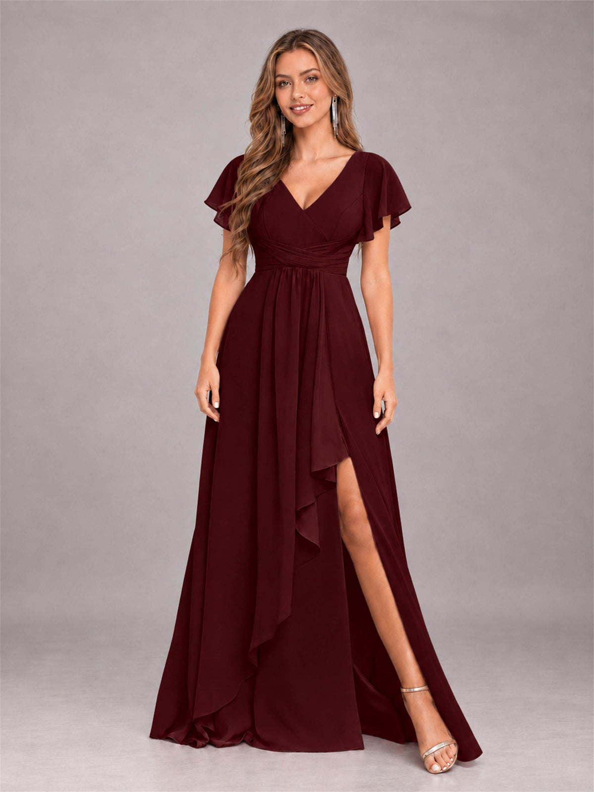 Cabernet Stylish Ruffles A-Line V-Neck Slit Chiffon Bridesmaid Dress