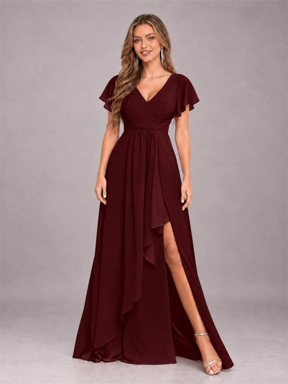 Cabernet Stylish Ruffles A-Line V-Neck Slit Chiffon Bridesmaid Dress