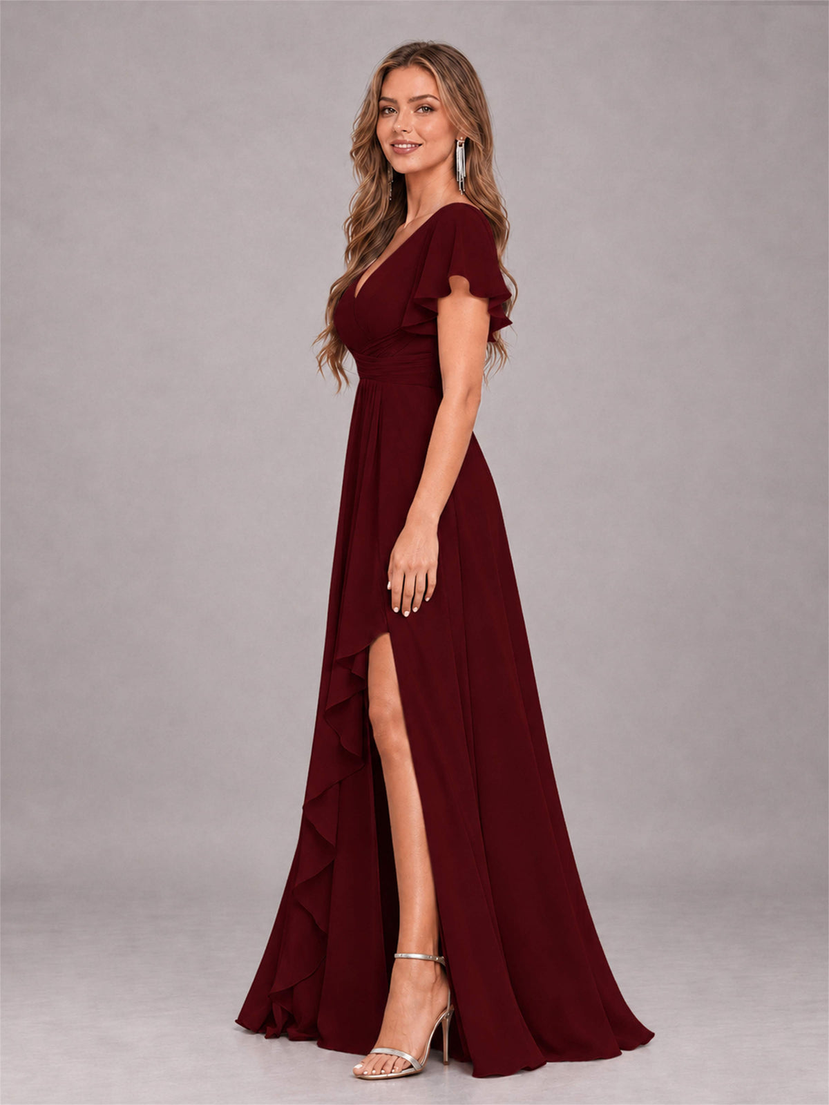 Cabernet Stylish Ruffles A-Line V-Neck Slit Chiffon Bridesmaid Dress