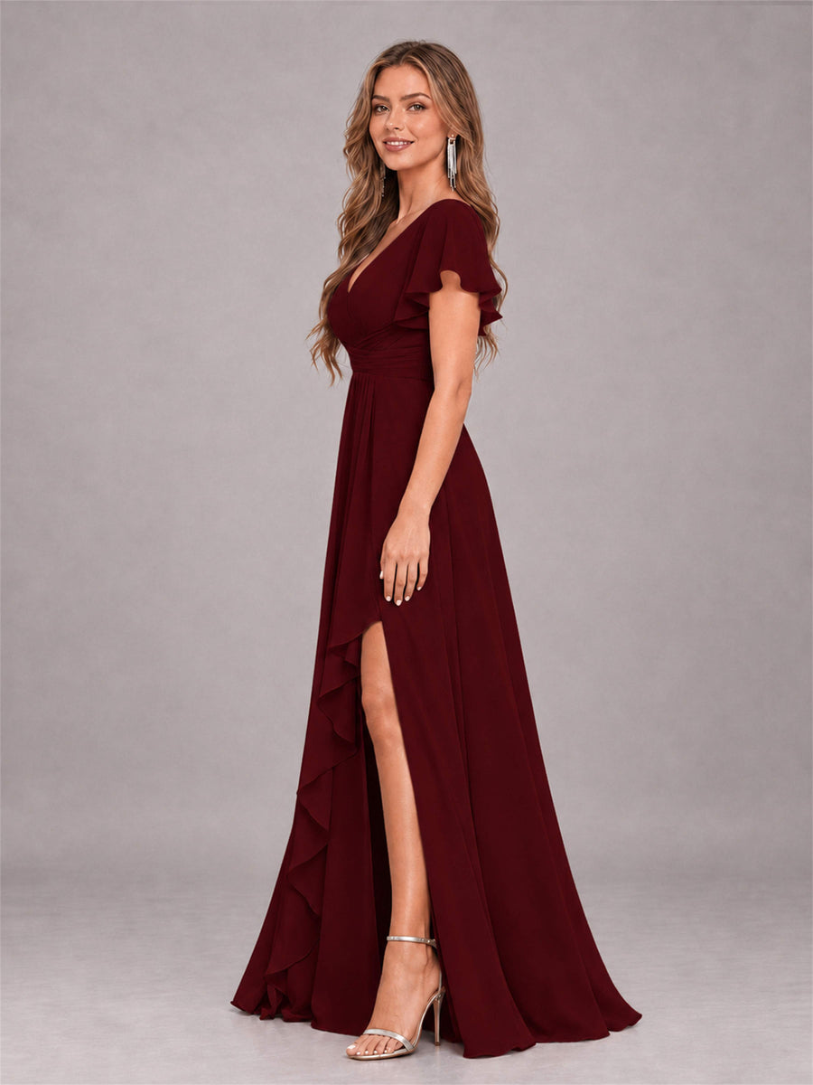 Cabernet Stylish Ruffles A-Line V-Neck Slit Chiffon Bridesmaid Dress