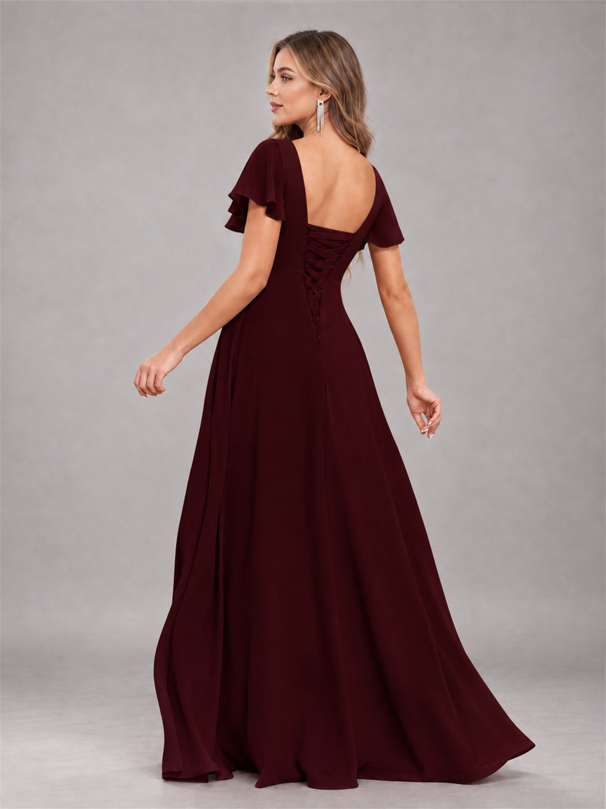 Cabernet Stylish Ruffles A-Line V-Neck Slit Chiffon Bridesmaid Dress