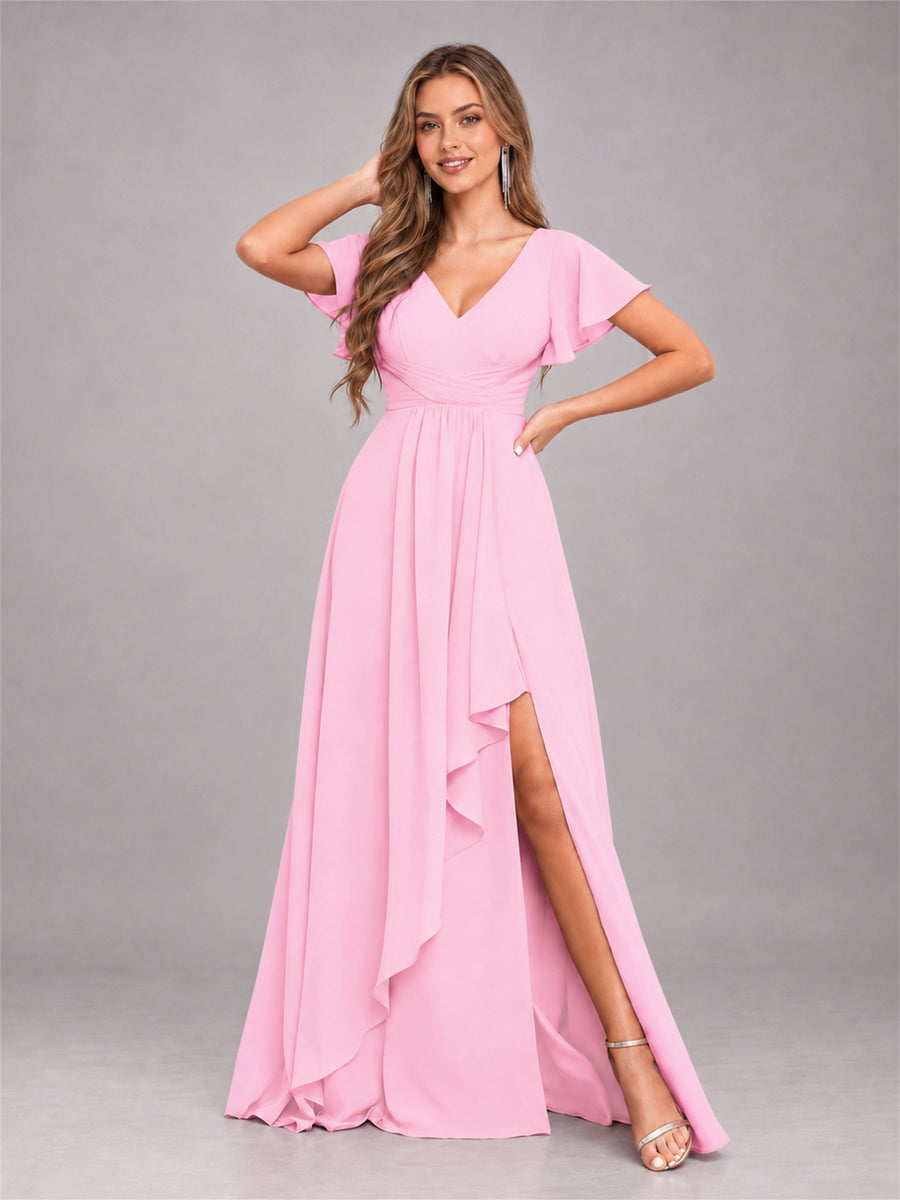 Candy Pink Stylish Ruffles A-Line V-Neck Slit Chiffon Bridesmaid Dress
