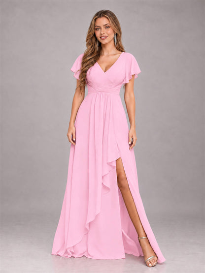 Candy Pink Stylish Ruffles A-Line V-Neck Slit Chiffon Bridesmaid Dress