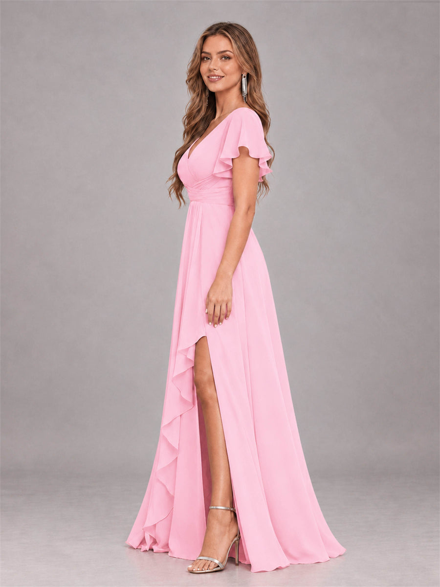 Candy Pink Stylish Ruffles A-Line V-Neck Slit Chiffon Bridesmaid Dress
