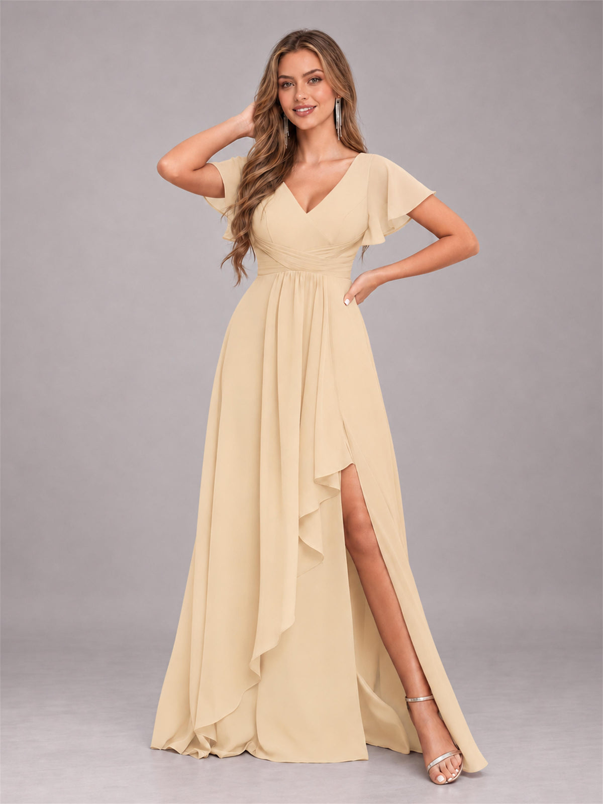 Champagne Stylish Ruffles A-Line V-Neck Slit Chiffon Bridesmaid Dress