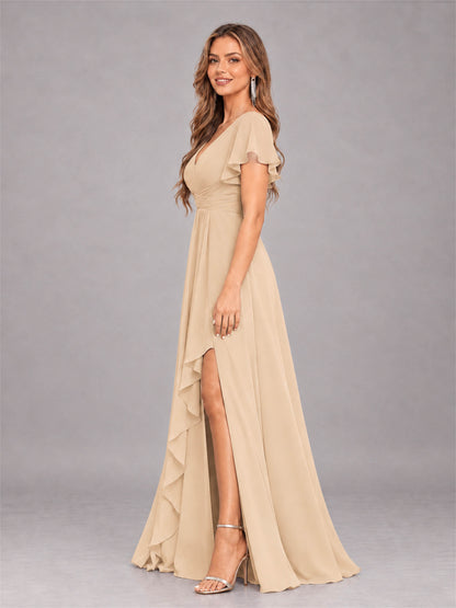 Champagne Stylish Ruffles A-Line V-Neck Slit Chiffon Bridesmaid Dress