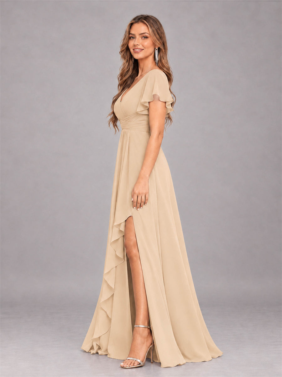 Champagne Stylish Ruffles A-Line V-Neck Slit Chiffon Bridesmaid Dress