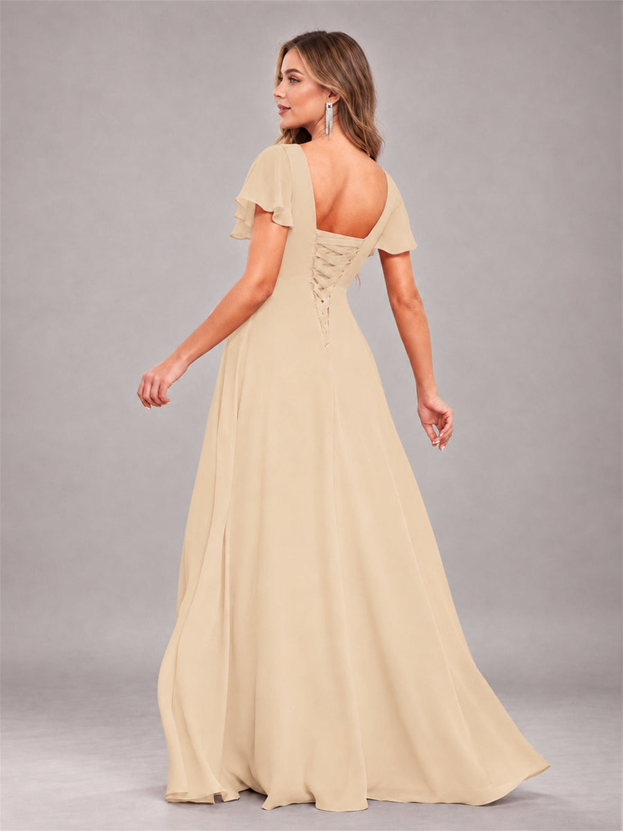 Champagne Stylish Ruffles A-Line V-Neck Slit Chiffon Bridesmaid Dress
