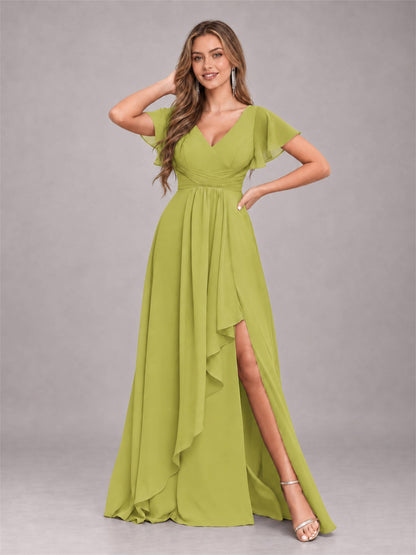 Chartreuse Stylish Ruffles A-Line V-Neck Slit Chiffon Bridesmaid Dress