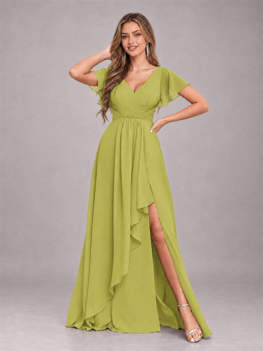 Chartreuse Stylish Ruffles A-Line V-Neck Slit Chiffon Bridesmaid Dress