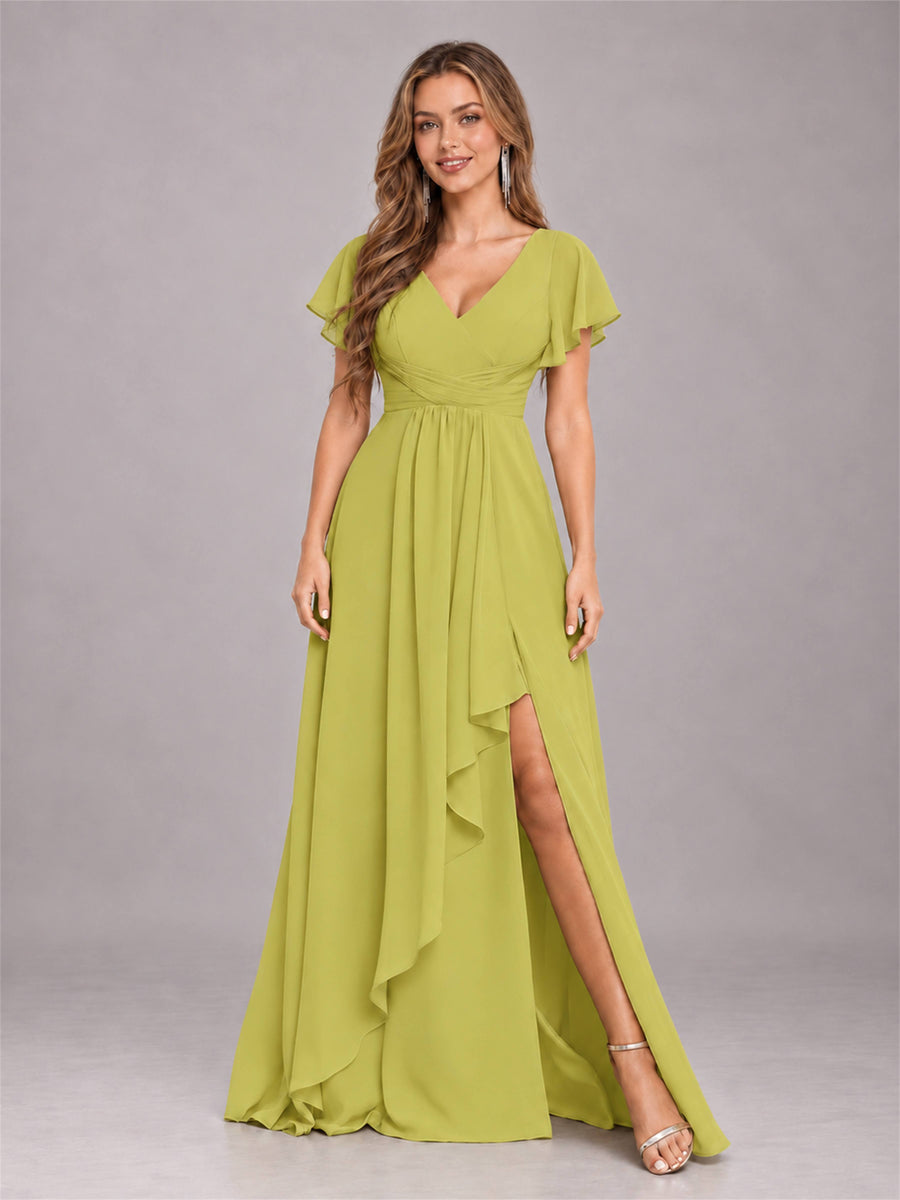 Chartreuse Stylish Ruffles A-Line V-Neck Slit Chiffon Bridesmaid Dress