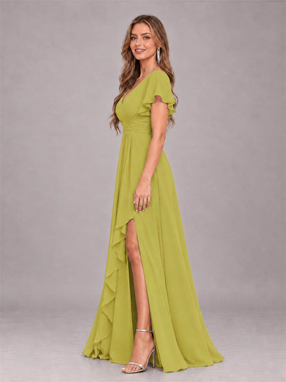 Chartreuse Stylish Ruffles A-Line V-Neck Slit Chiffon Bridesmaid Dress