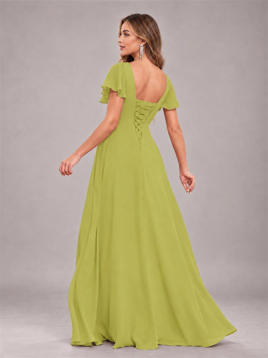 Chartreuse Stylish Ruffles A-Line V-Neck Slit Chiffon Bridesmaid Dress