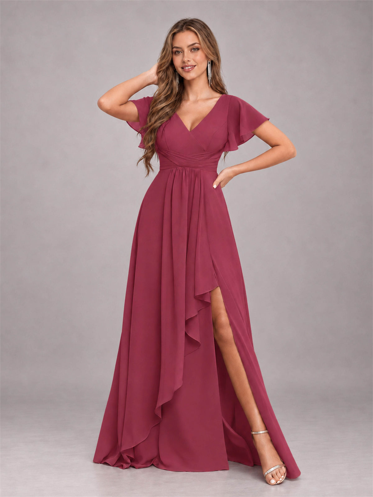 Cinnamon Rose Stylish Ruffles A-Line V-Neck Slit Chiffon Bridesmaid Dress