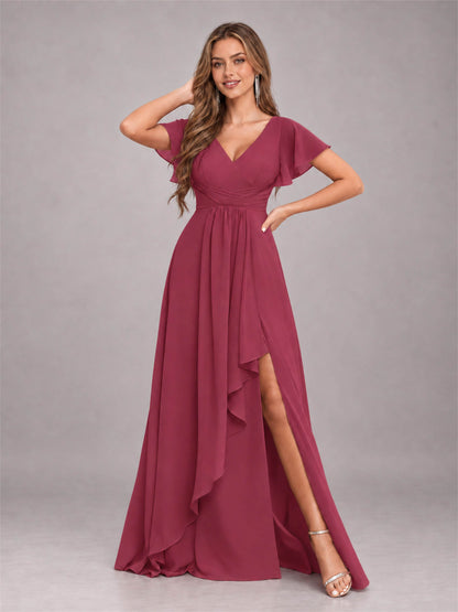Cinnamon Rose Stylish Ruffles A-Line V-Neck Slit Chiffon Bridesmaid Dress