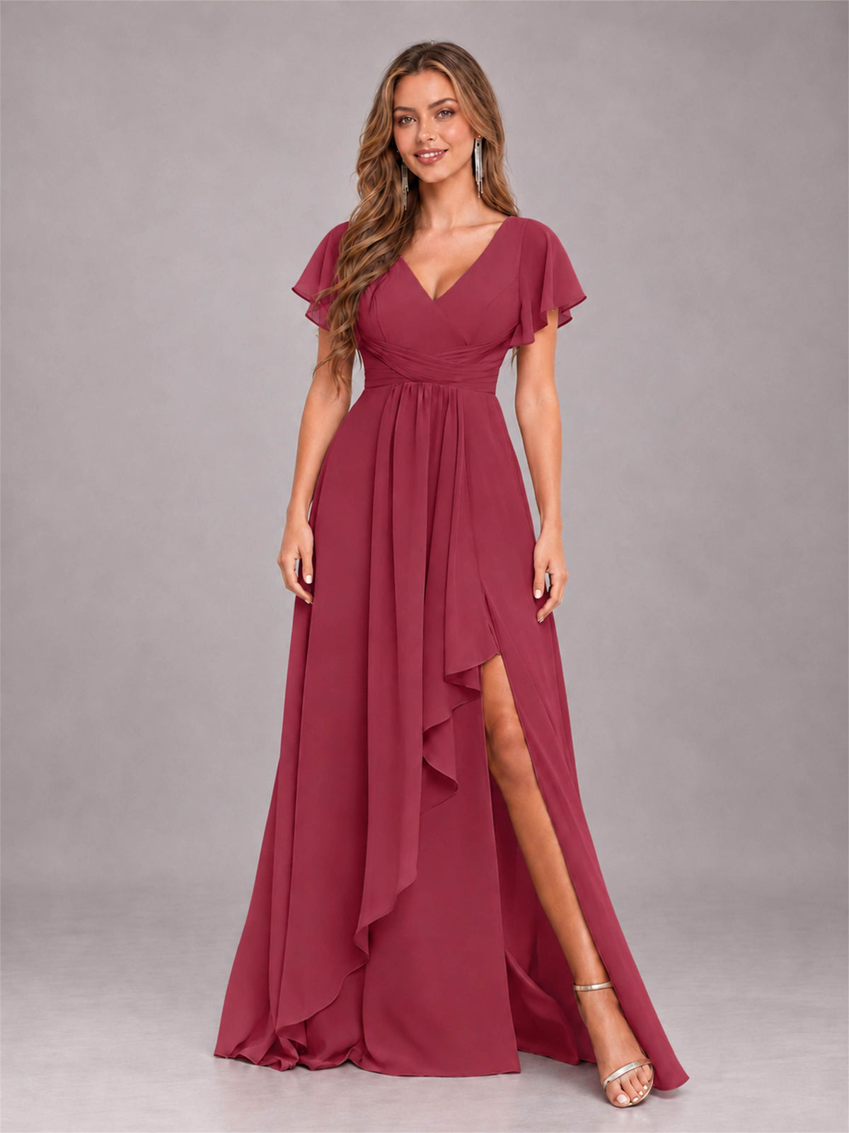 Cinnamon Rose Stylish Ruffles A-Line V-Neck Slit Chiffon Bridesmaid Dress