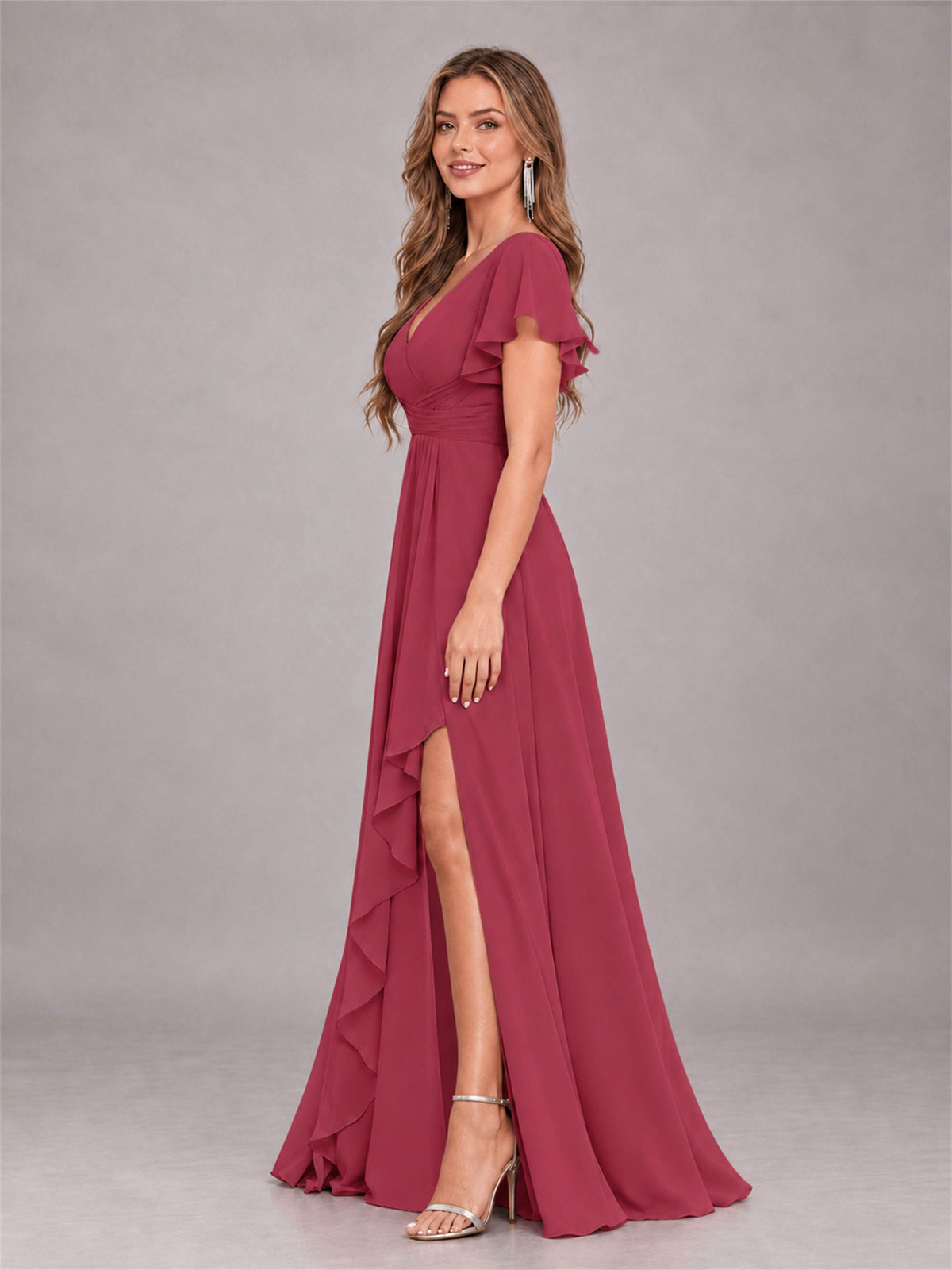 Cinnamon Rose Stylish Ruffles A-Line V-Neck Slit Chiffon Bridesmaid Dress