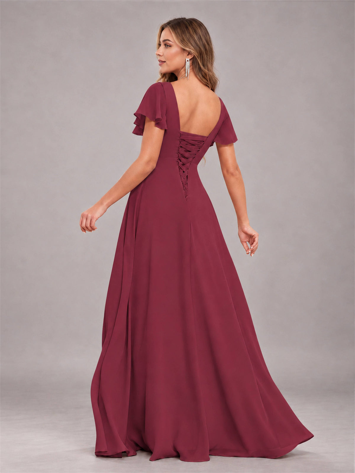 Cinnamon Rose Stylish Ruffles A-Line V-Neck Slit Chiffon Bridesmaid Dress