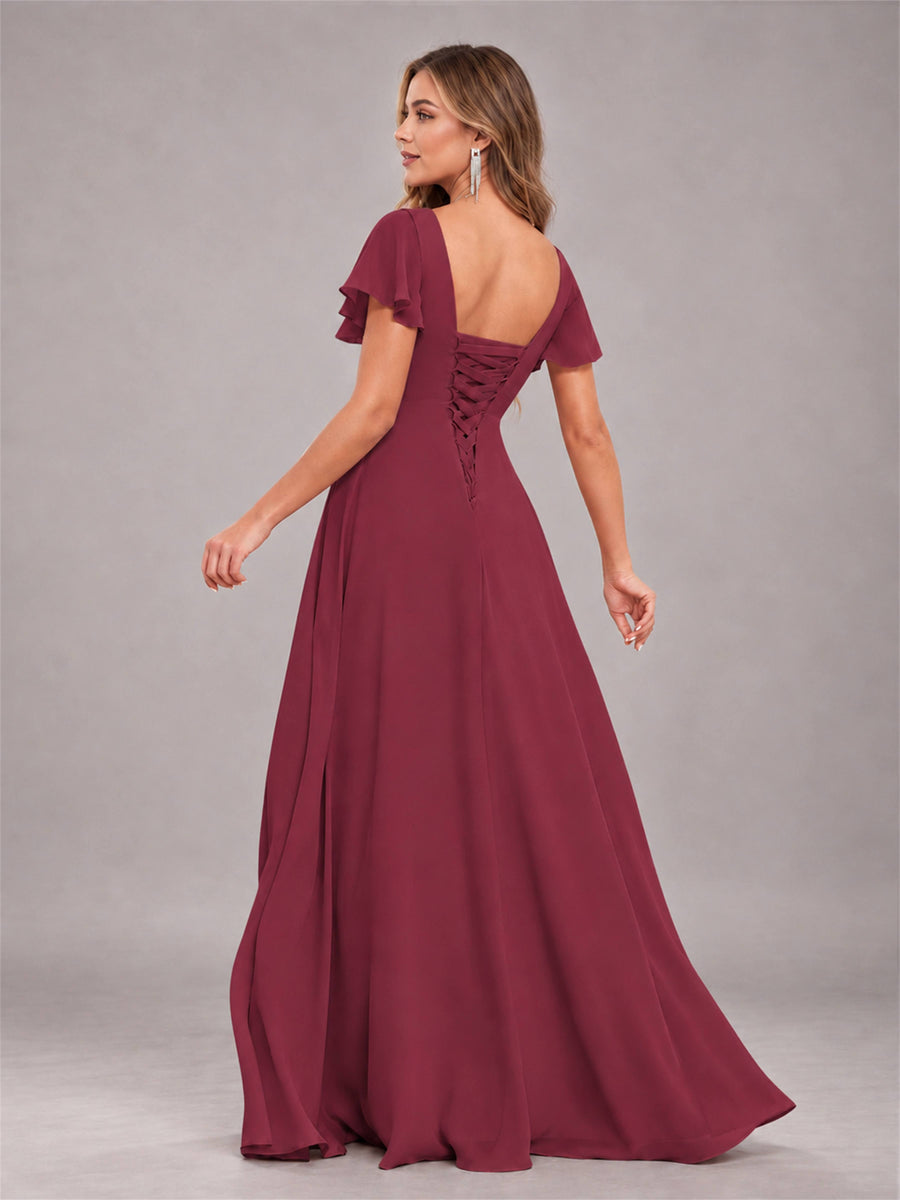 Cinnamon Rose Stylish Ruffles A-Line V-Neck Slit Chiffon Bridesmaid Dress