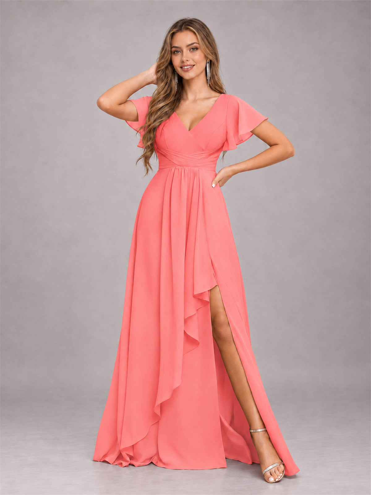 Coral Stylish Ruffles A-Line V-Neck Slit Chiffon Bridesmaid Dress