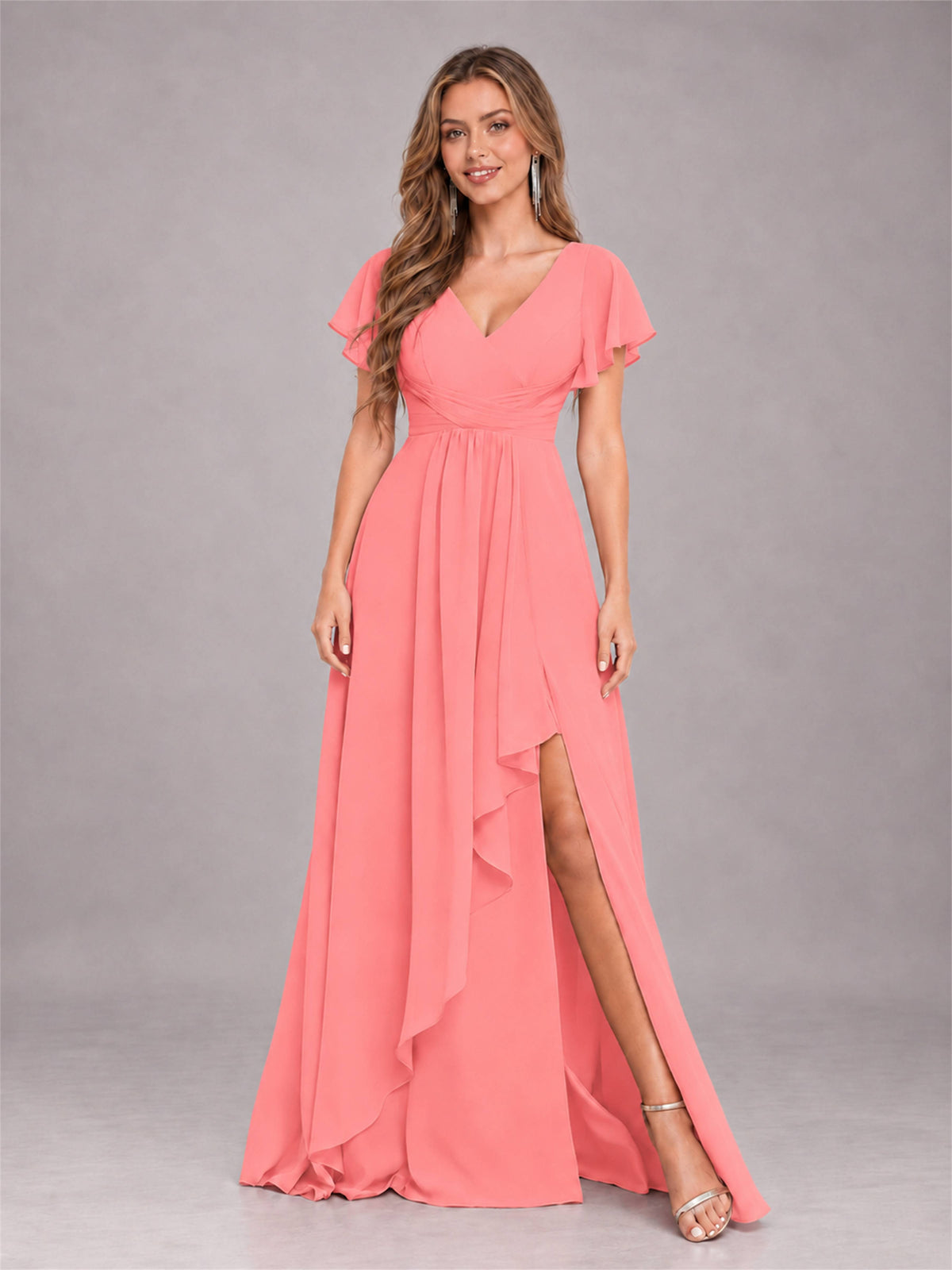 Coral Stylish Ruffles A-Line V-Neck Slit Chiffon Bridesmaid Dress