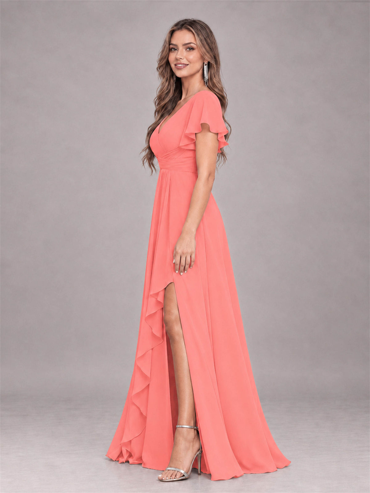 Coral Stylish Ruffles A-Line V-Neck Slit Chiffon Bridesmaid Dress