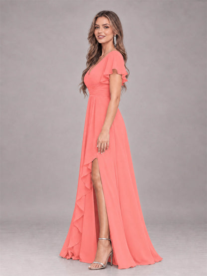 Coral Stylish Ruffles A-Line V-Neck Slit Chiffon Bridesmaid Dress