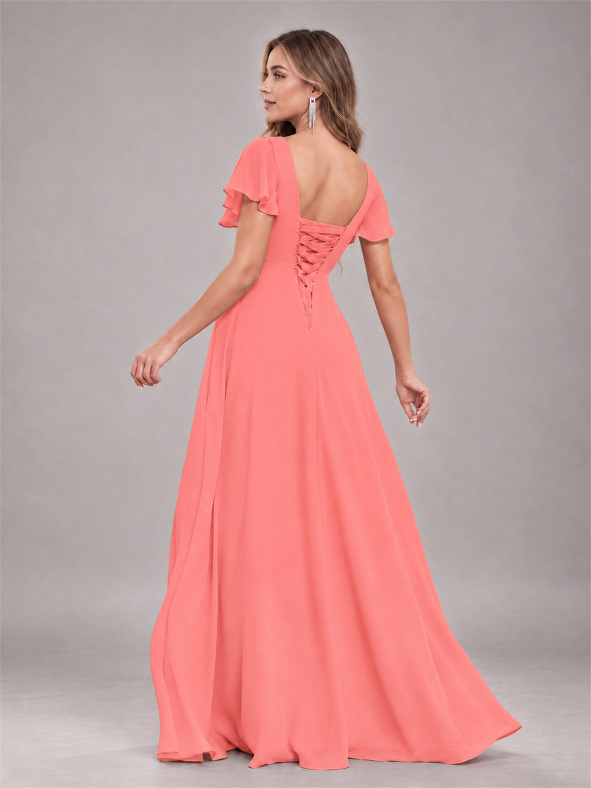 Coral Stylish Ruffles A-Line V-Neck Slit Chiffon Bridesmaid Dress