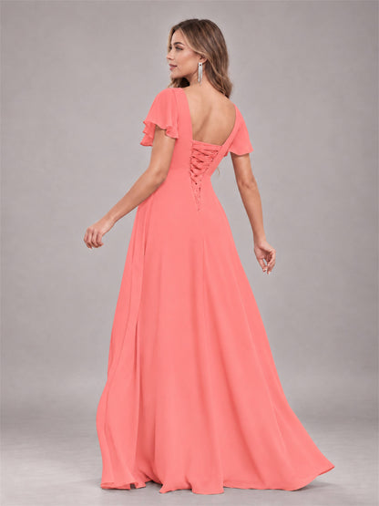 Coral Stylish Ruffles A-Line V-Neck Slit Chiffon Bridesmaid Dress