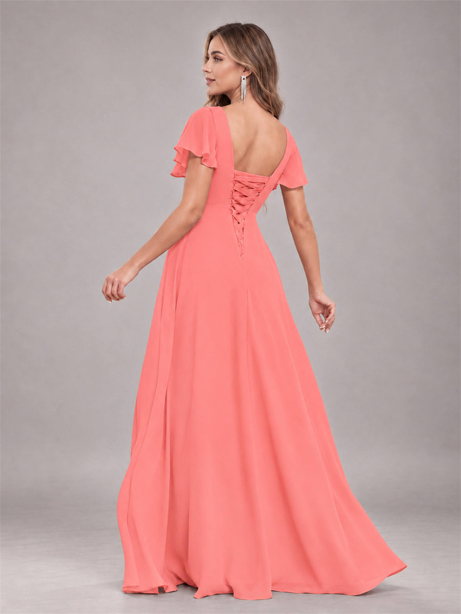 Coral Stylish Ruffles A-Line V-Neck Slit Chiffon Bridesmaid Dress