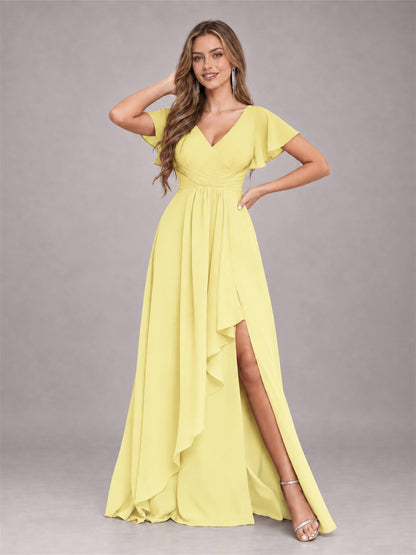 Daffodil Stylish Ruffles A-Line V-Neck Slit Chiffon Bridesmaid Dress