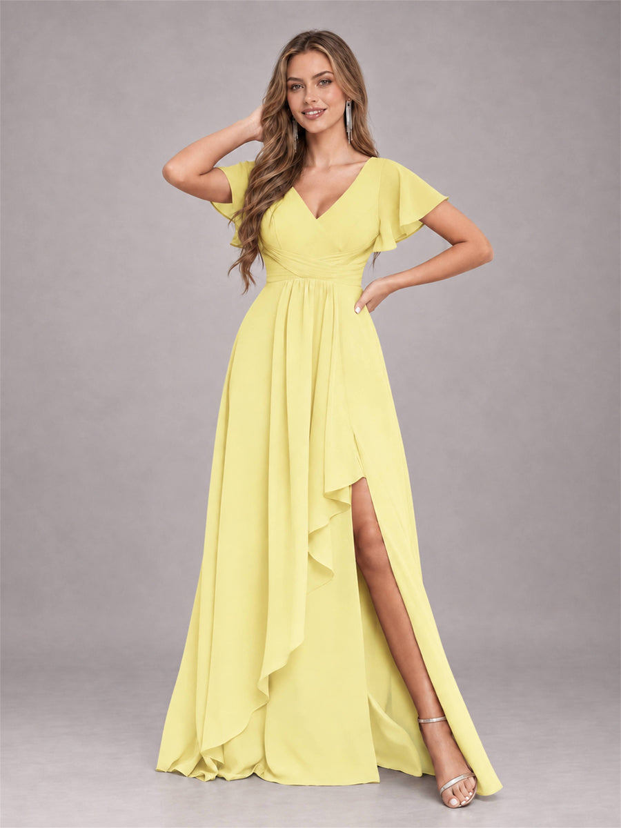Daffodil Stylish Ruffles A-Line V-Neck Slit Chiffon Bridesmaid Dress