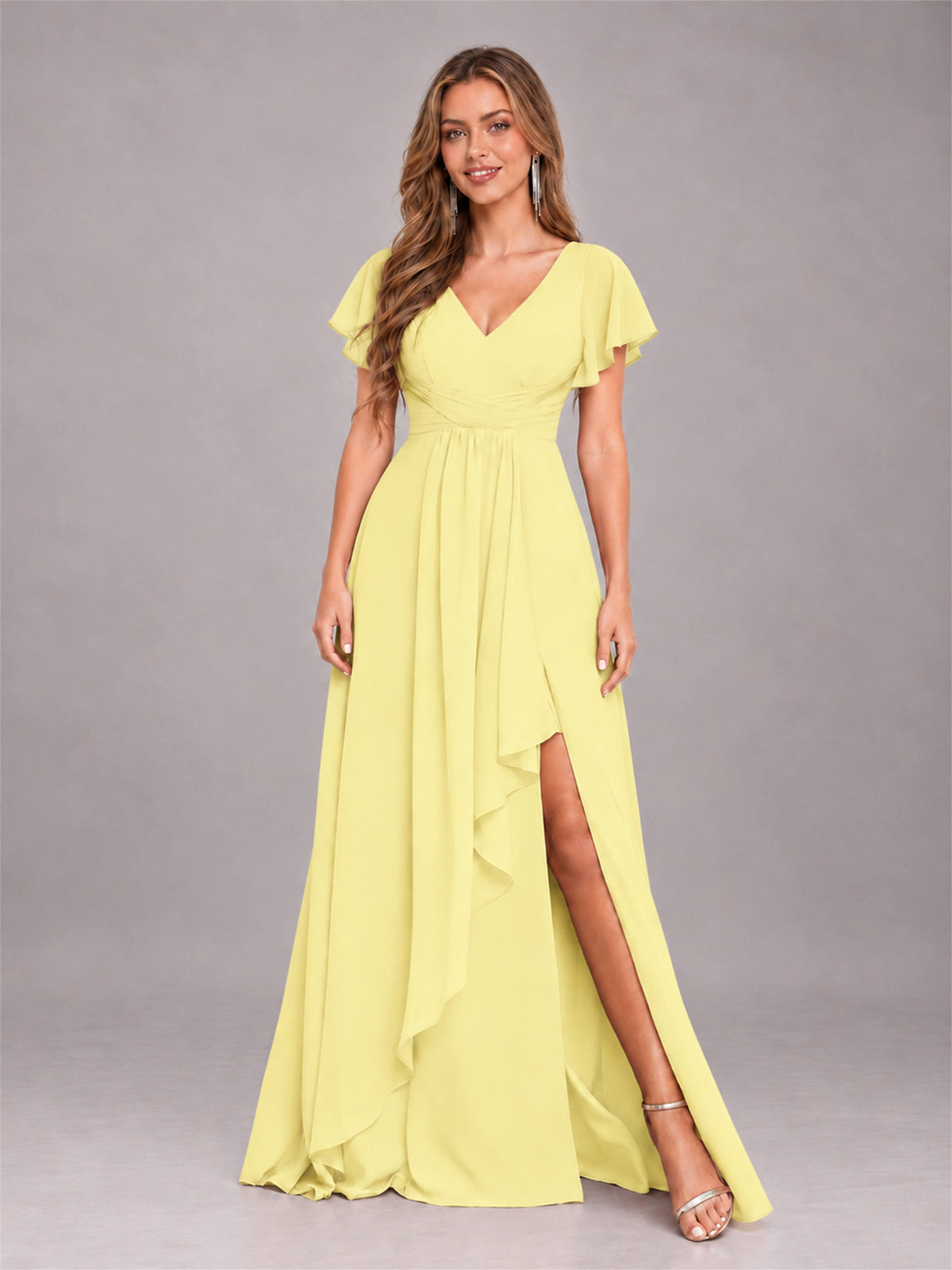 Daffodil Stylish Ruffles A-Line V-Neck Slit Chiffon Bridesmaid Dress