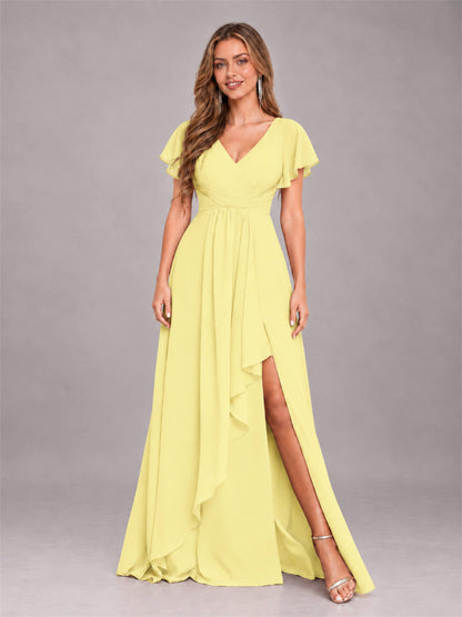 Daffodil Stylish Ruffles A-Line V-Neck Slit Chiffon Bridesmaid Dress