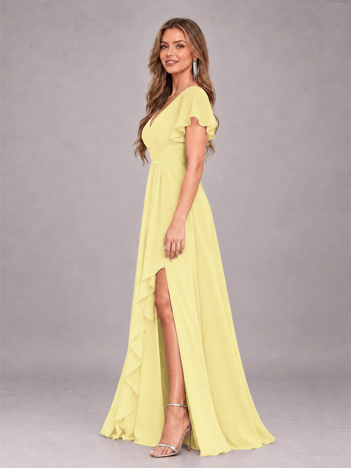 Daffodil Stylish Ruffles A-Line V-Neck Slit Chiffon Bridesmaid Dress