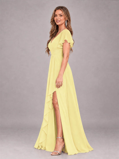 Daffodil Stylish Ruffles A-Line V-Neck Slit Chiffon Bridesmaid Dress