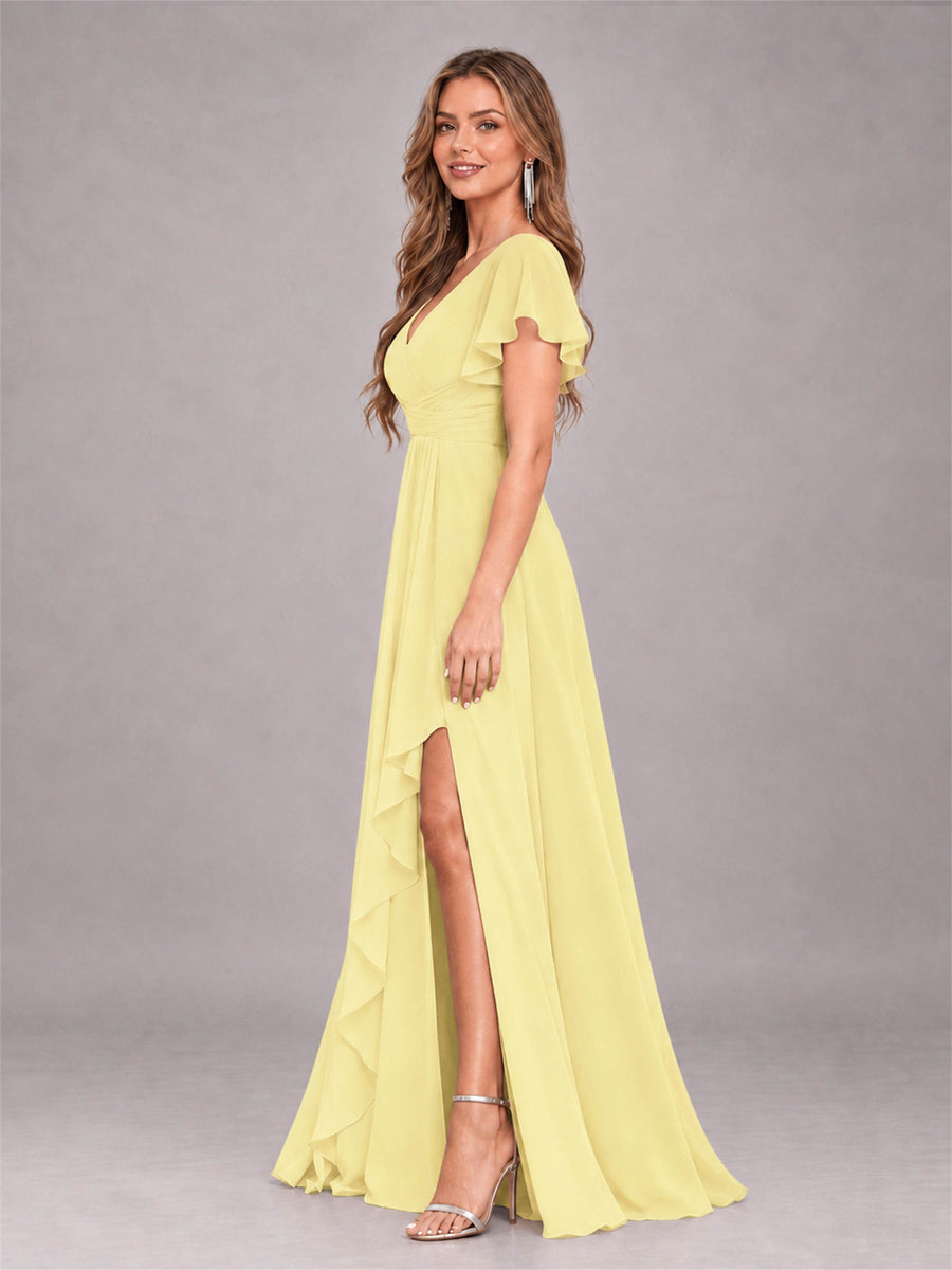 Daffodil Stylish Ruffles A-Line V-Neck Slit Chiffon Bridesmaid Dress